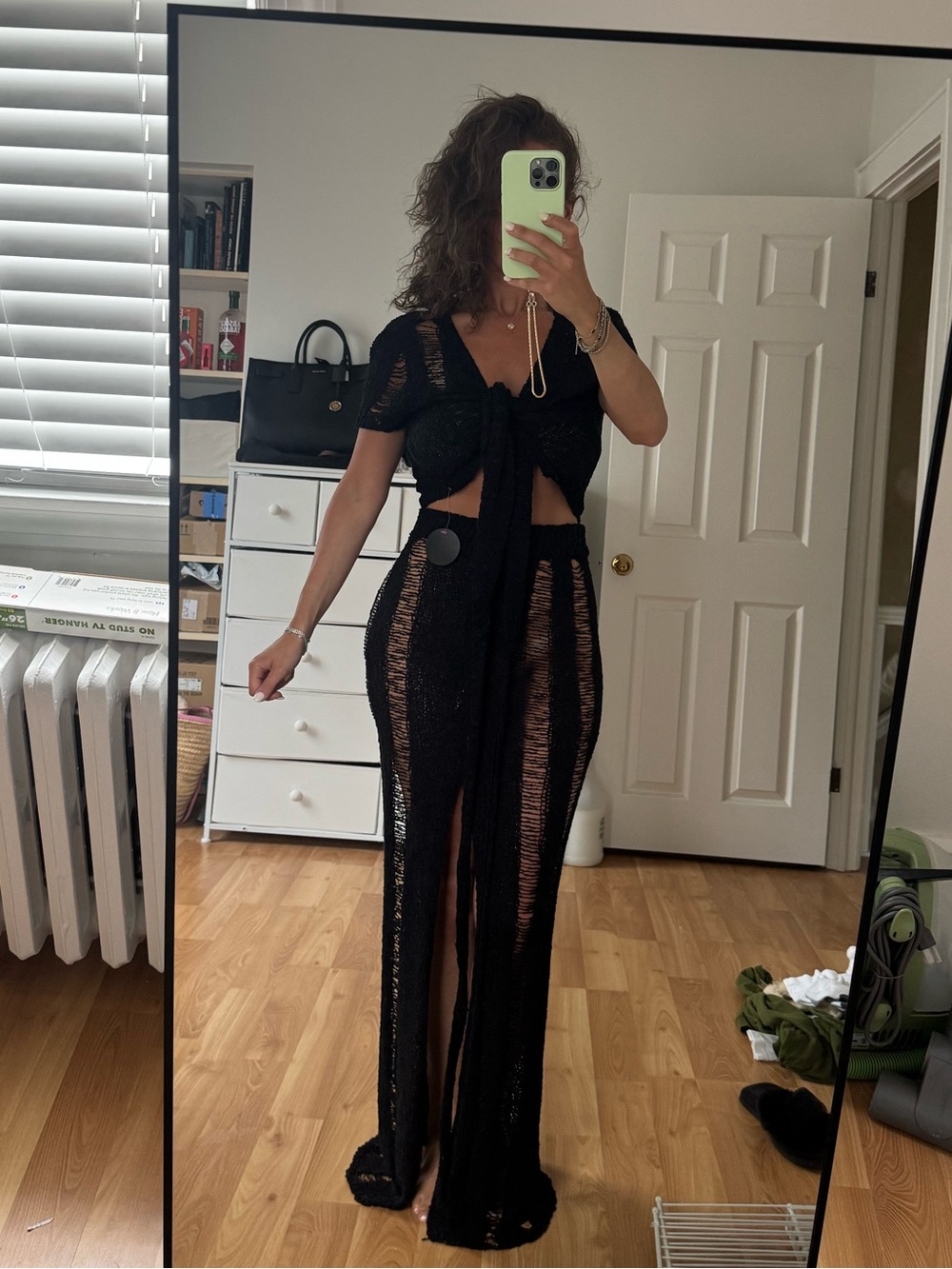 Hot Miami Styles Black Crochet Knit Swim Coverup 2 piece Maxi